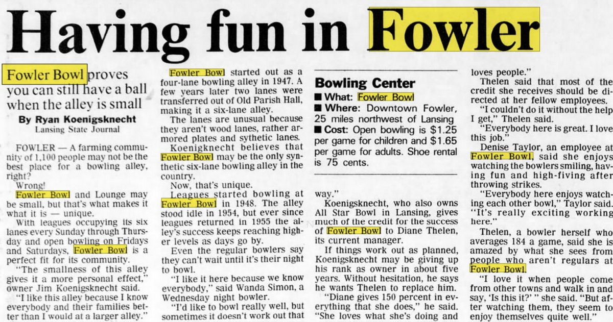 E-Lanes Sports Bar & Bowling (Fowler Bowl) - Jan 22 1995 Article